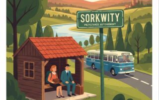 Obraz przedstawiający przystanek autobusowy.