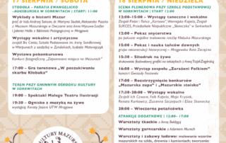 Plakat z wydarzeniami które odbędą się na XIII Festiwalu Kultury Mazurskiej w Sorkwitach