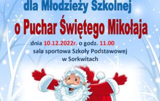 Plakat z zaproszeniem na Turniej Halowej Piłki Nożnej dla Młodzieży Szkolnej o Puchar Świętego Mikołaja.