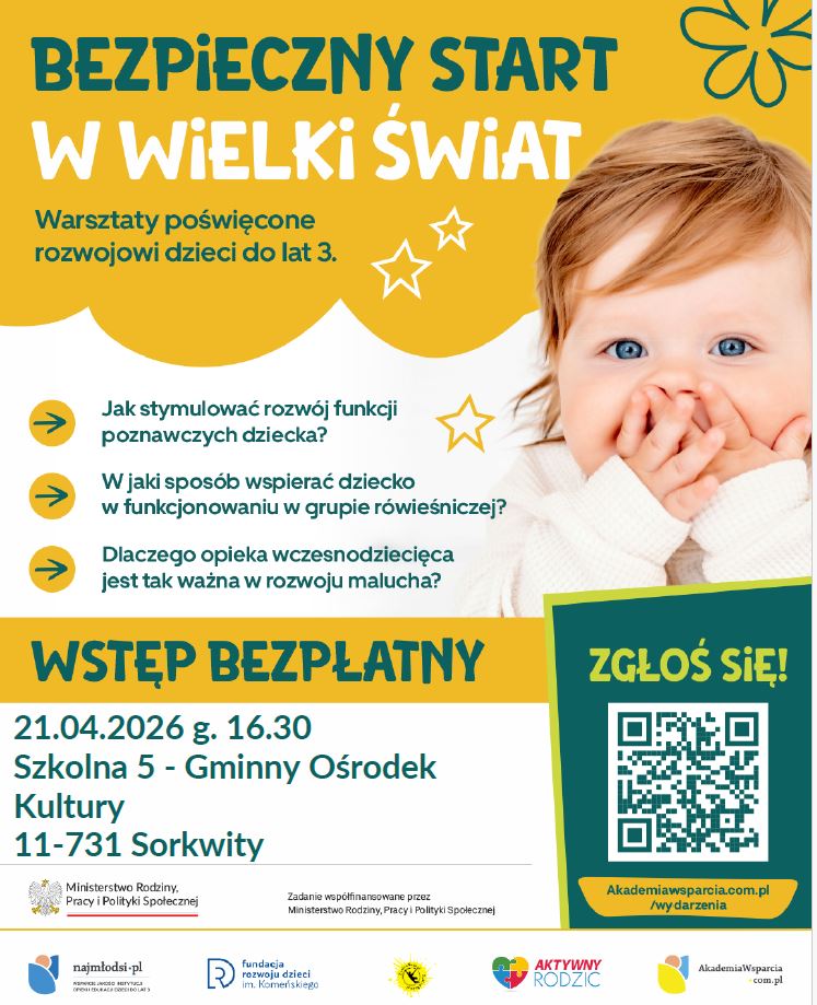 Plakat informujący o warsztatach Bezpieczny Start w Wielki Świat.