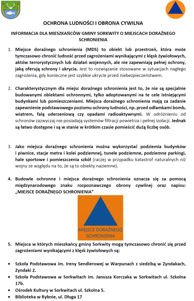 Informacja o miejscach doraźnego schronienia.